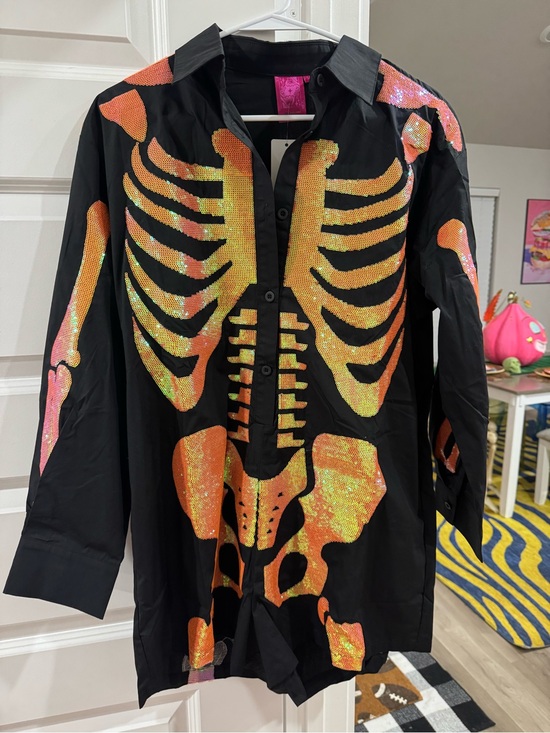 QUEEN OF SPARKLES Pants - QUEEN OF SPARKLES Black romper with Orange Holographic Skeleton